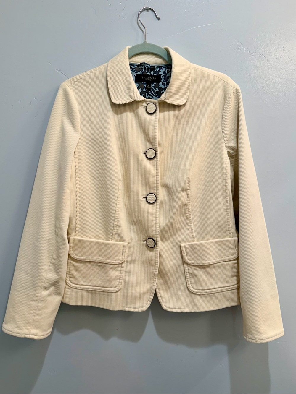 Talbots Vintage Style Ivory Corduroy Button Front Jacket Blue Damask Lining Sz 8 - Picture 2 of 11